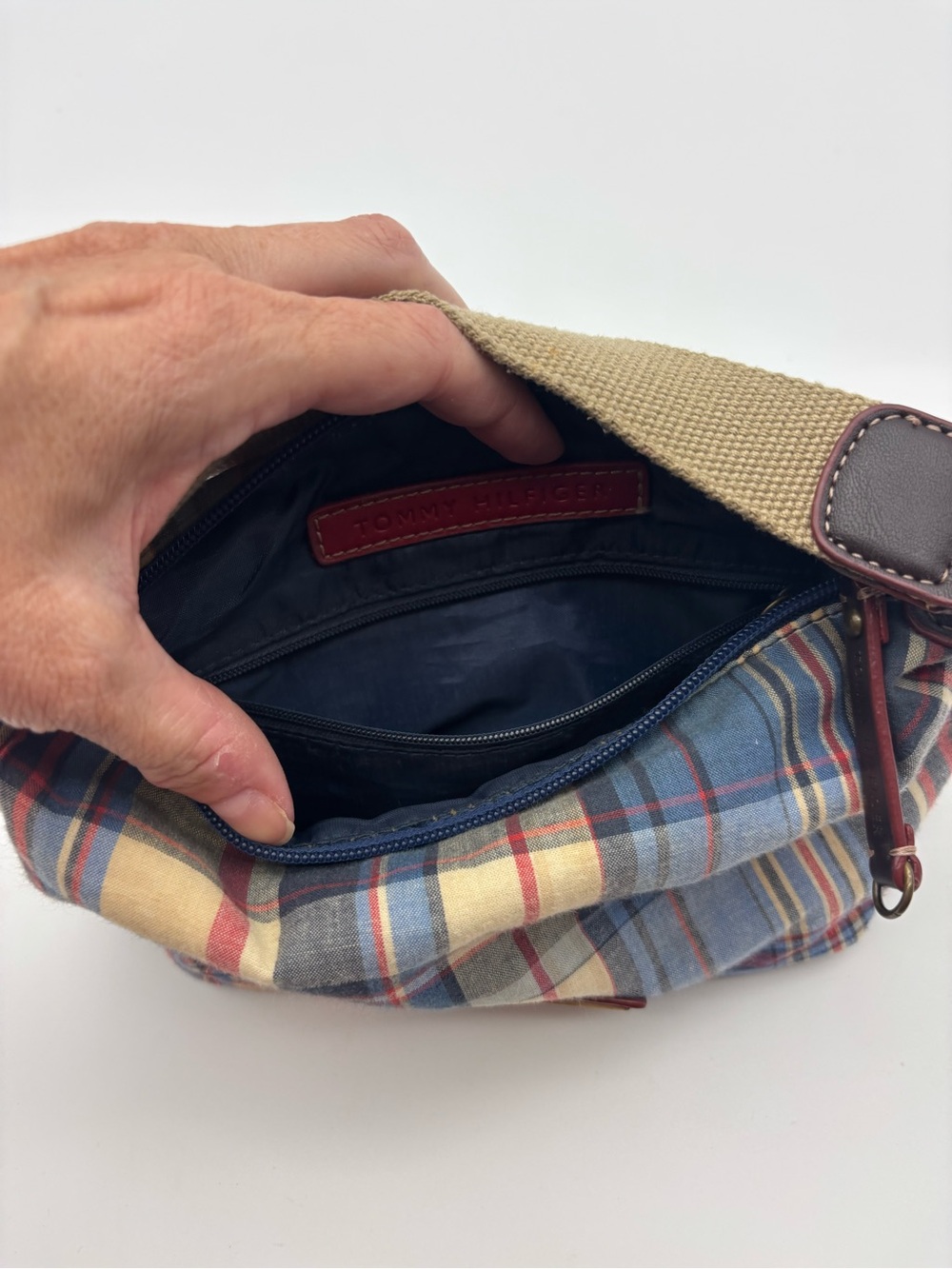 Tommy Hilfiger vintage Y2K era Plaid Canvas mini purse- Navy Red Cream - Picture 7 of 9